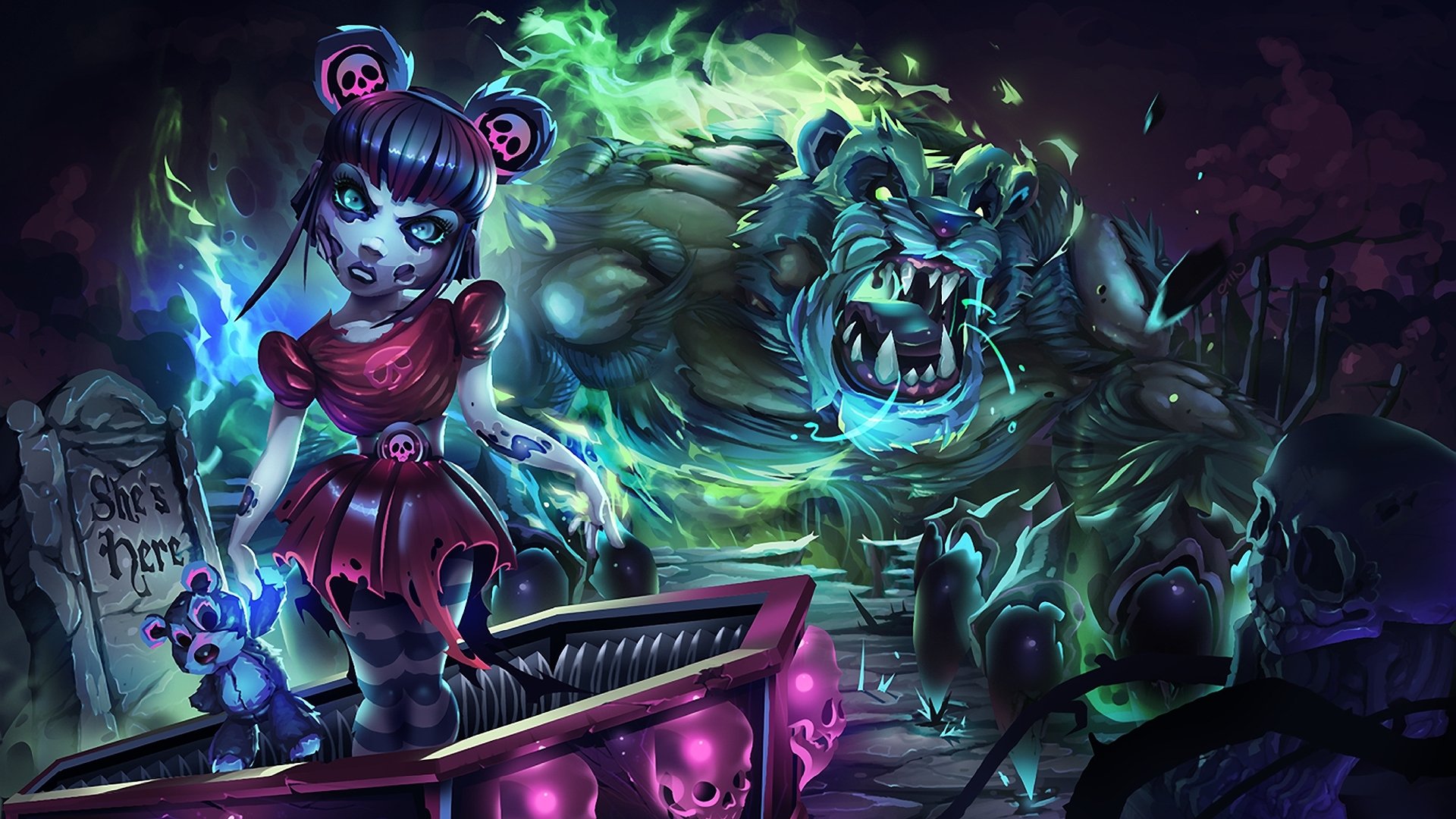 HD desktop wallpaper of Annie and Tibbers from League of Legends, featuring a vivid and dynamic illustration of the characters in an enchanted setting.