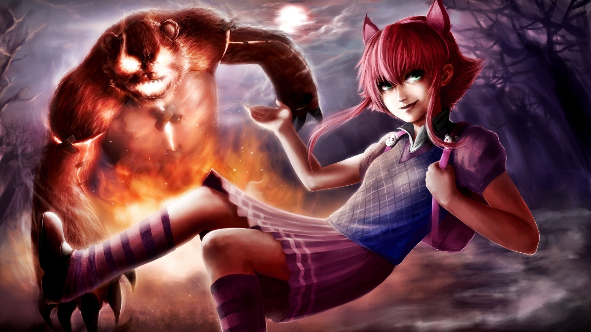 HD PC desktop wallpaper featuring characters from the video game League of Legends, showcasing a fierce humanoid fox girl and a fiery bear-like creature in a dark, mystical setting.