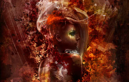Fantasy-themed 4K Ultra HD PC desktop wallpaper featuring a mysterious woman with fiery, abstract elements blending into a dark, textured background.