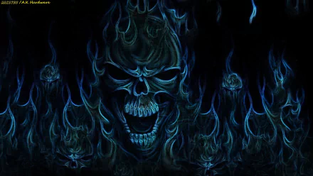 HD desktop wallpaper featuring a dark, fantasy-inspired horror scene with ominous blue skulls emerging from shadowy flames.