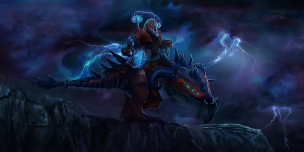 HD PC desktop wallpaper featuring Disruptor from DotA 2, showcasing the hero mounted on a fierce beast amid a stormy, lightning-filled night sky.