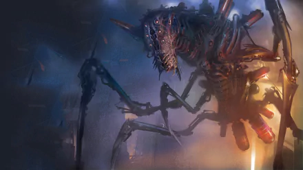 HD PC desktop wallpaper of a man-made, spider-like mechanical monstrosity from Magic: The Gathering, glowing red eyes and spindly metal limbs looming over a foggy, ruined cityscape.