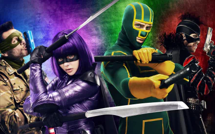 A vibrant HD wallpaper from the movies Kick-Ass and Kick-Ass 2, featuring characters in colorful costumes wielding weapons against a dynamic, colorful background.