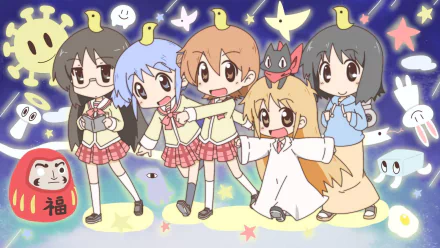 HD PC desktop wallpaper showing chibi Nichijō anime characters in school uniforms and a white robe, smiling amid birds, stars, a daruma doll and colorful night-sky motifs.