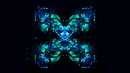 Abstract faceted teal-and-cyan crystalline X on black, glowing geometric shards and particles — 2K Quad HD PC desktop wallpaper/background.