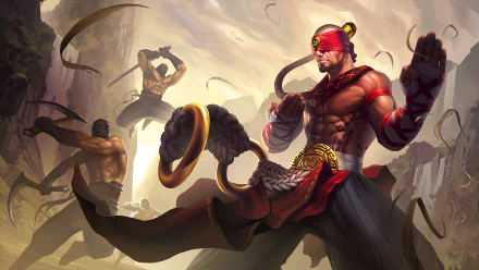 HD wallpaper featuring Lee Sin from League of Legends, showcasing an intense scene with the character in action, surrounded by warriors in a dramatic landscape.