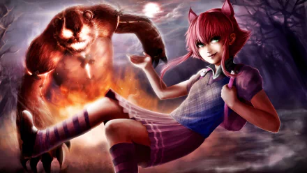 HD PC desktop wallpaper featuring characters from the video game League of Legends, showcasing a fierce humanoid fox girl and a fiery bear-like creature in a dark, mystical setting.