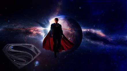 A striking HD wallpaper featuring Superman from the movie Man of Steel, set against a cosmic backdrop with the iconic emblem and vibrant colors.