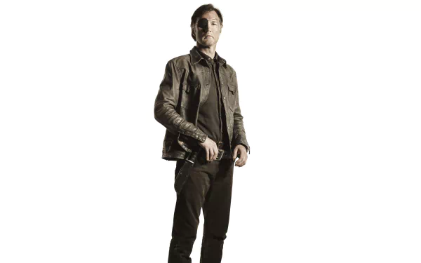 Rugged lone figure in a jacket on a white background, 8K Ultra HD PC desktop wallpaper inspired by The Walking Dead TV show.