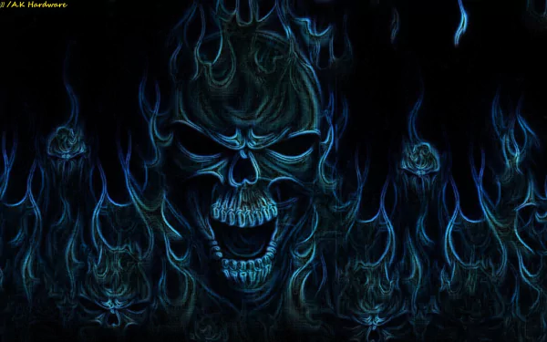 HD desktop wallpaper featuring a dark, fantasy-inspired horror scene with ominous blue skulls emerging from shadowy flames.