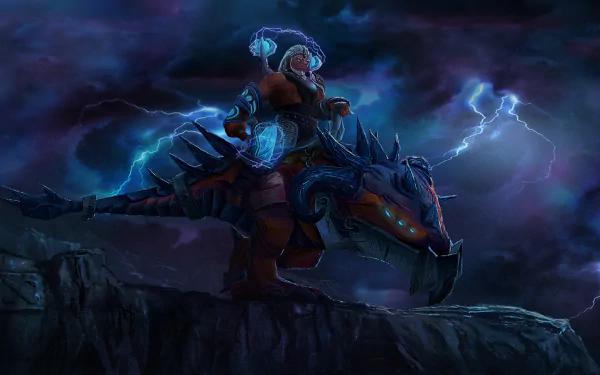 HD PC desktop wallpaper featuring Disruptor from DotA 2, showcasing the hero mounted on a fierce beast amid a stormy, lightning-filled night sky.