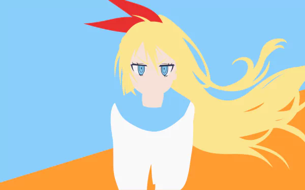 Chitoge Kirisaki from the anime Nisekoi, featured in a colorful HD desktop wallpaper with vibrant blue and orange background, capturing her distinctive blonde hair and red ribbon.