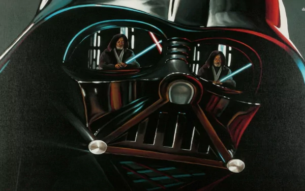 High-definition wallpaper featuring Darth Vader and Obi-Wan Kenobi from the Star Wars movie franchise, showcasing an intense lightsaber duel in a striking design.