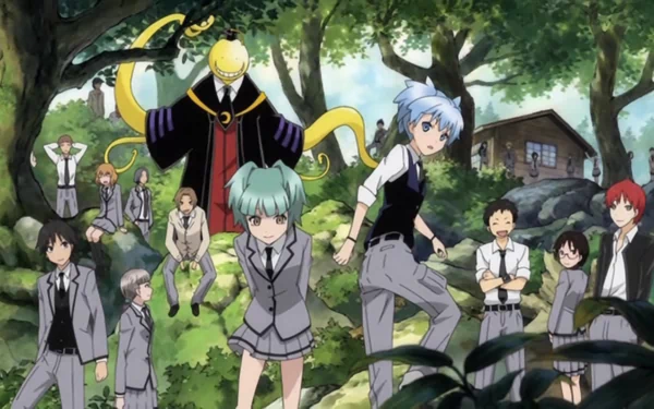 HD desktop wallpaper featuring characters from the anime Assassination Classroom, set in a lush forest scene with multiple characters in school uniforms and the yellow tentacled teacher in the background.