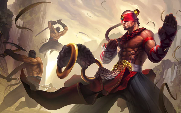 HD wallpaper featuring Lee Sin from League of Legends, showcasing an intense scene with the character in action, surrounded by warriors in a dramatic landscape.