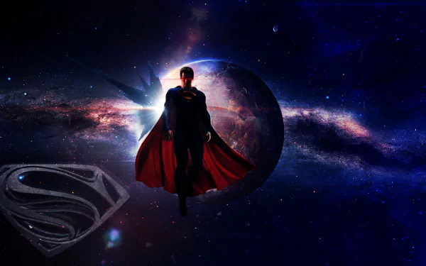 A striking HD wallpaper featuring Superman from the movie Man of Steel, set against a cosmic backdrop with the iconic emblem and vibrant colors.