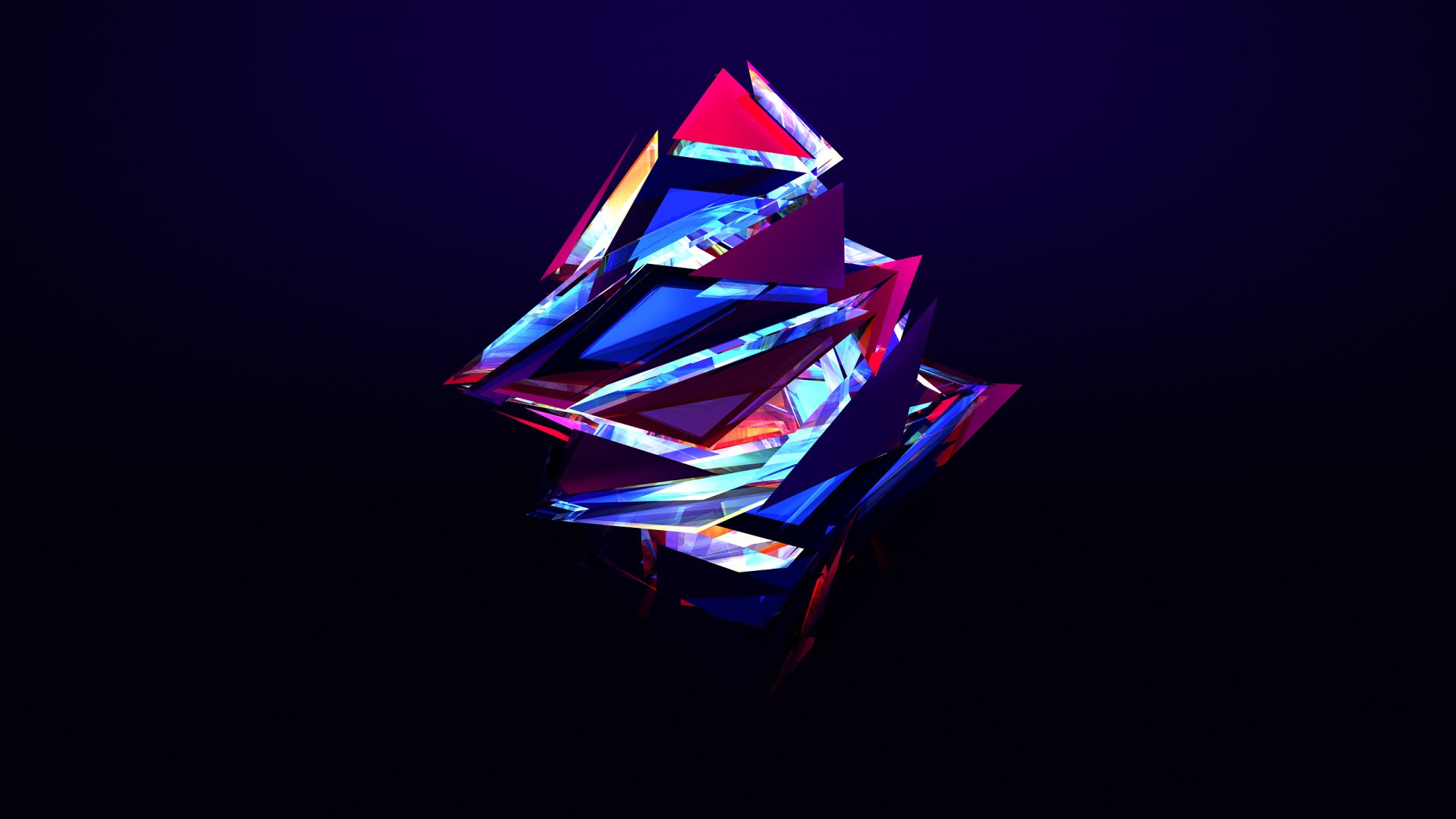 Abstract faceted crystal in neon blues, pinks and purple on a deep black field — 2K Quad HD PC desktop wallpaper/background.