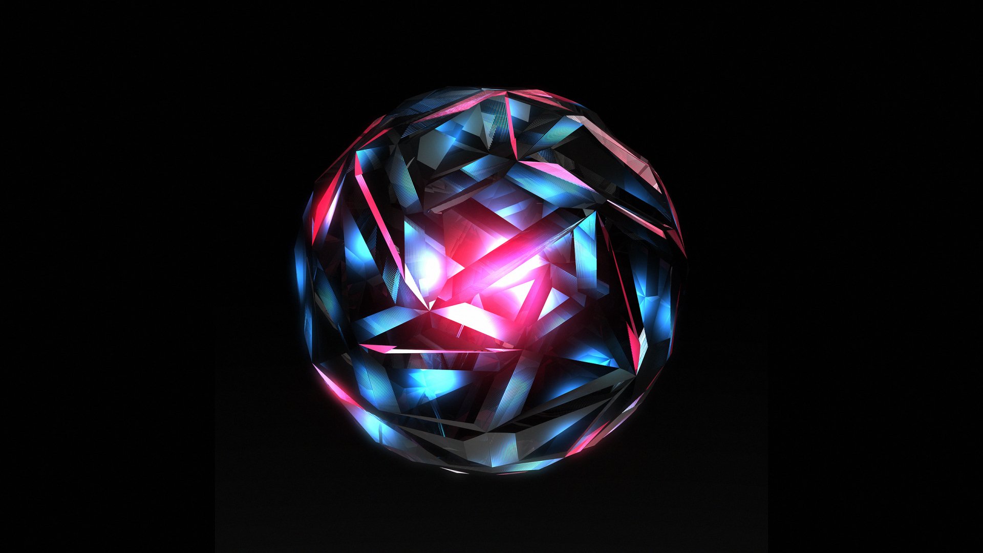 Abstract, multifaceted orb with glowing blue and pink hues set against a black background, designed as an HD PC desktop wallpaper and background.
