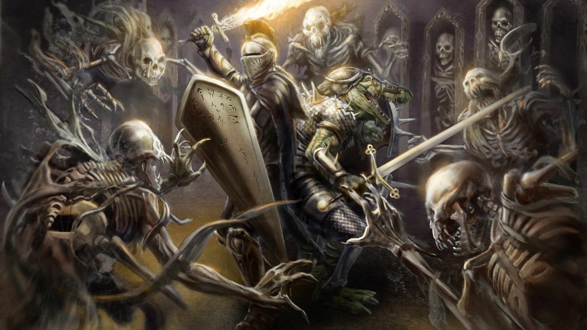 HD fantasy warrior wallpaper depicting armored fighters battling menacing skeleton undead in a dark, intense, and epic fantasy war scene.