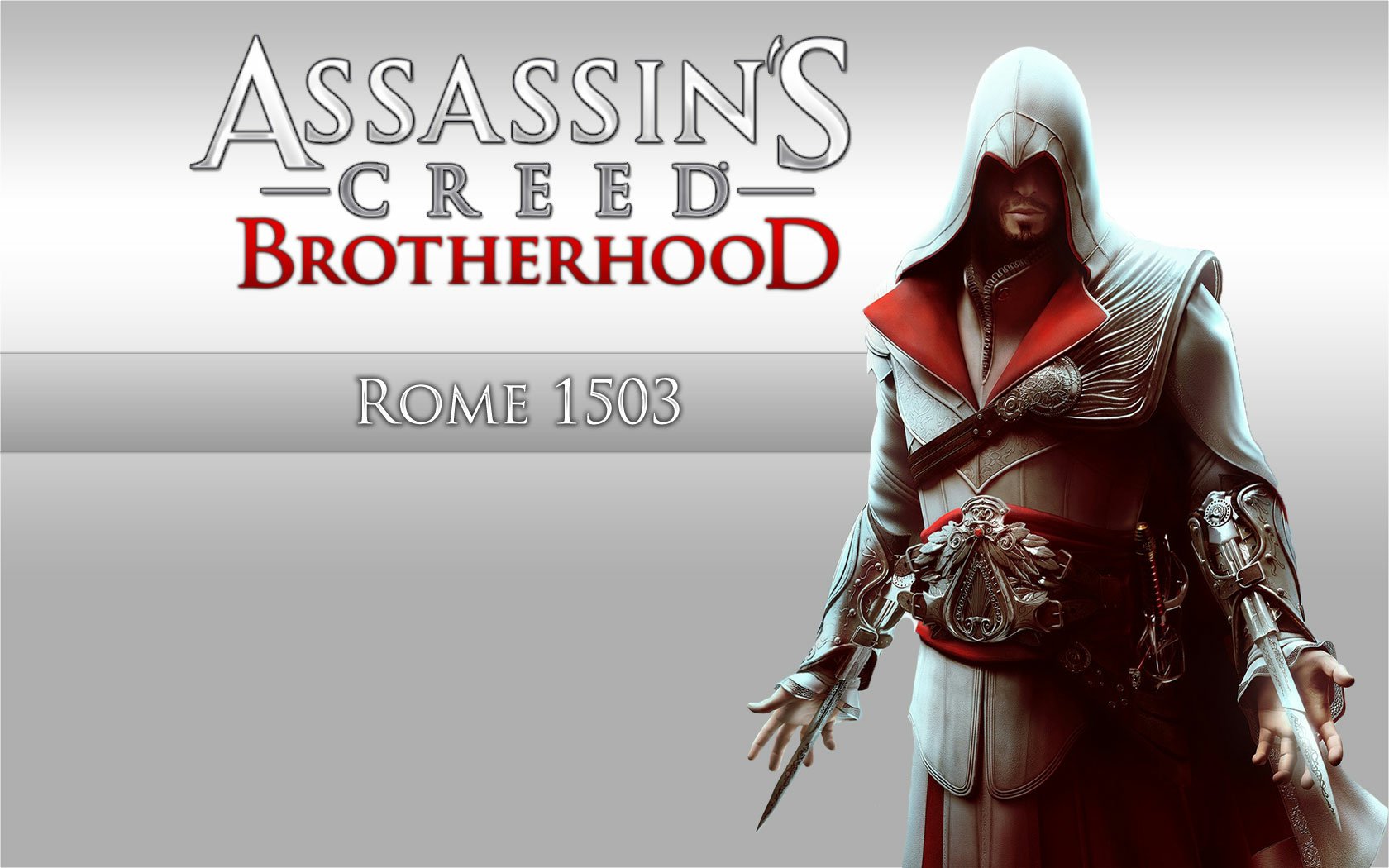HD PC desktop wallpaper featuring a hooded assassin from the video game Assassin's Creed: Brotherhood set in Rome, 1503.