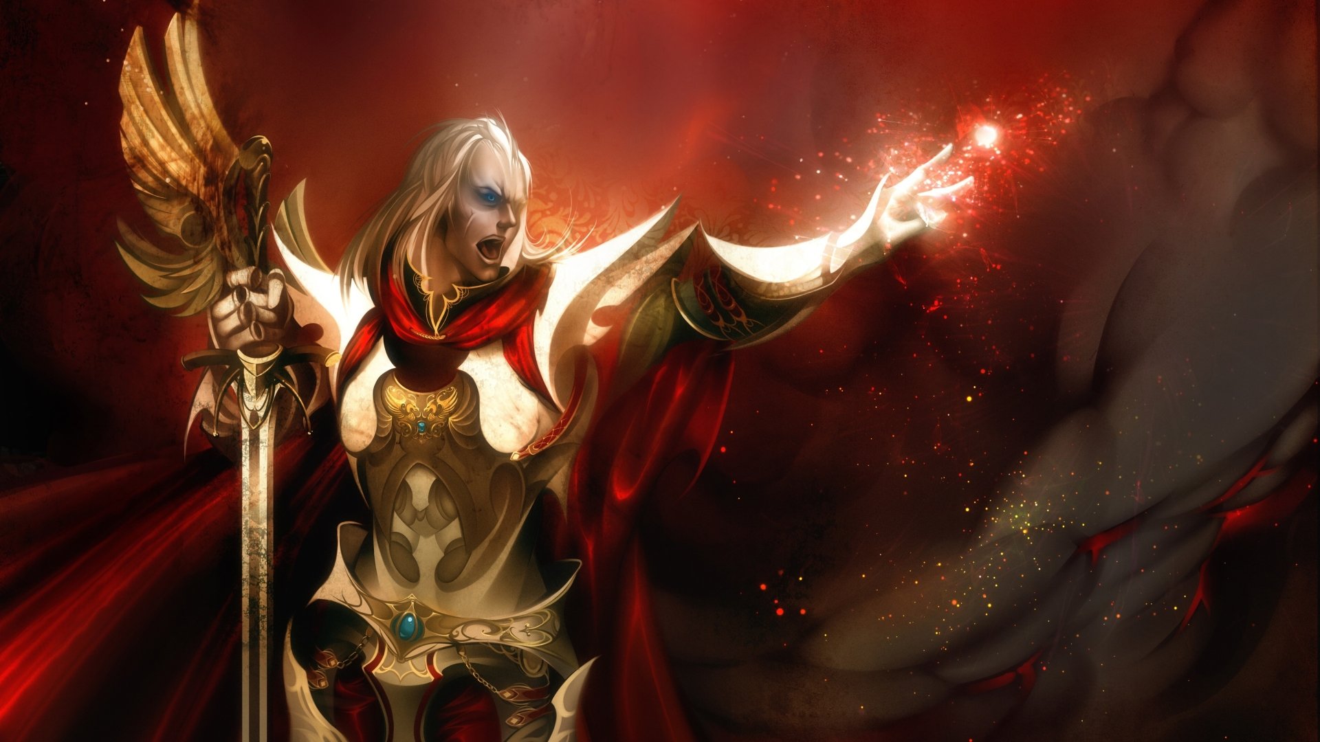 4K Ultra HD PC desktop wallpaper: fantasy warrior in ornate gold-and-red armor with blonde hair, raising a flaming hand and gripping a winged halberd amid a smoky, ember-lit backdrop.