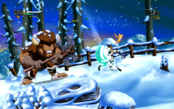 HD wallpaper from Dust: An Elysian Tail featuring a battle scene with characters in a snowy forest.