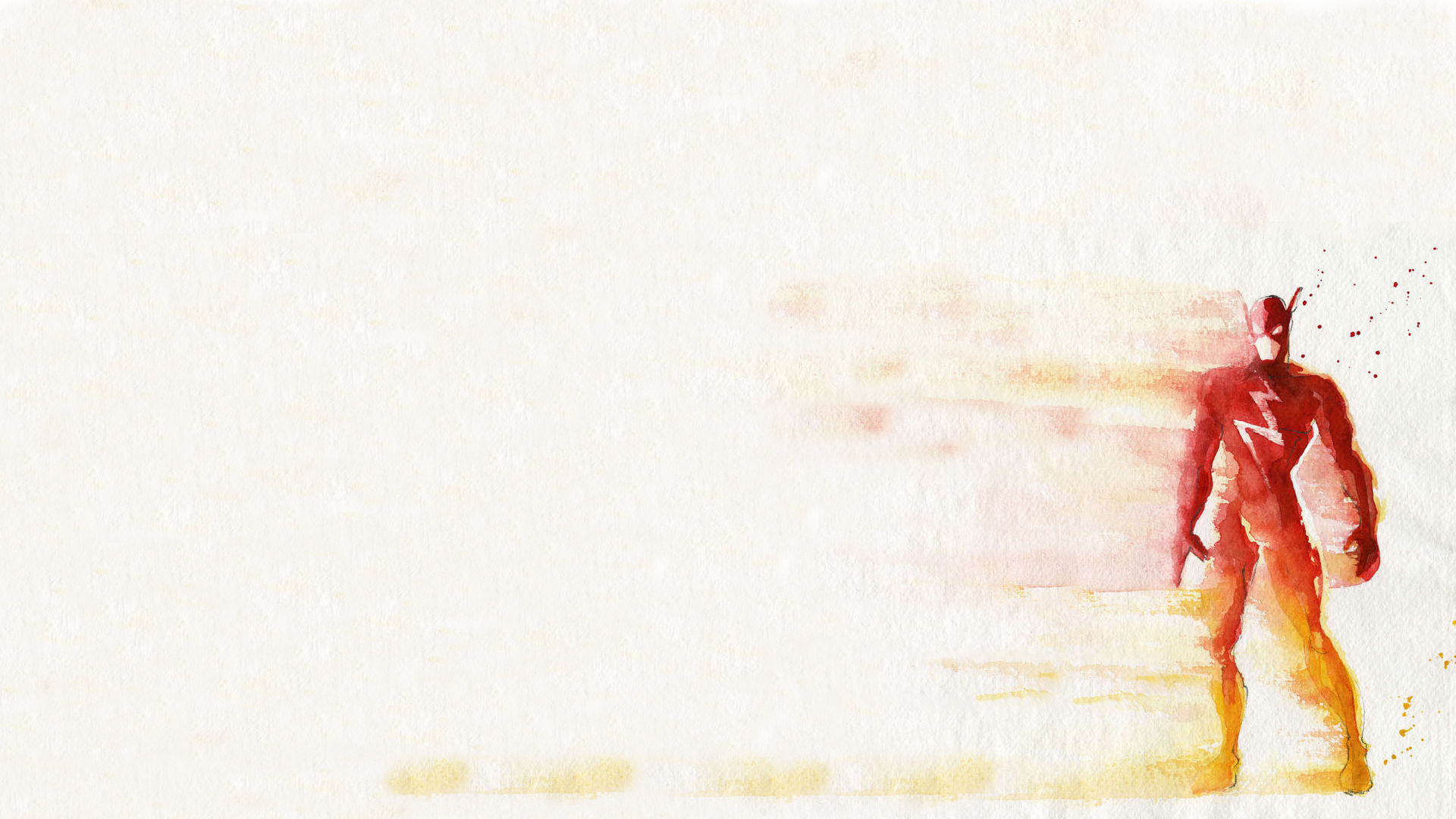 Comic HD PC desktop wallpaper showing Flash at right, the red speedster dissolving into golden motion streaks across a minimalist white background.