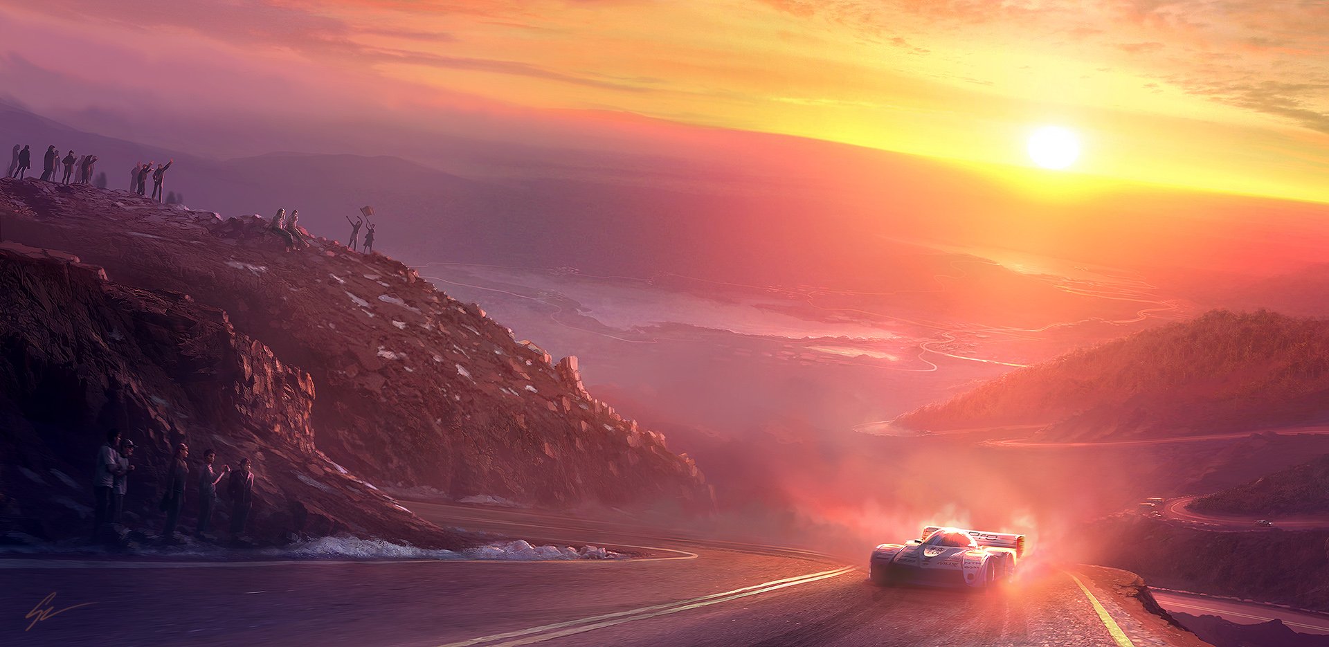 Crimson Horizon: Sunset Sports Car HD Wallpaper by ANTIFAN-REAL