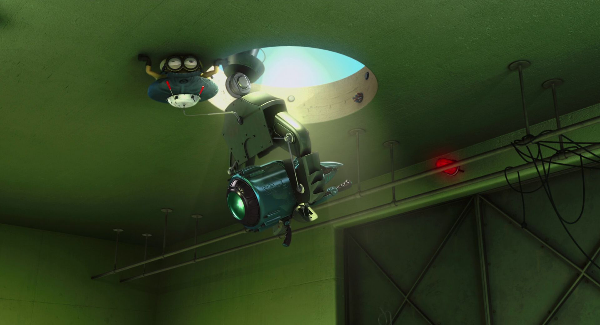 HD desktop wallpaper featuring a Despicable Me minion and a camera rig in a dimly lit industrial setting from the movie.