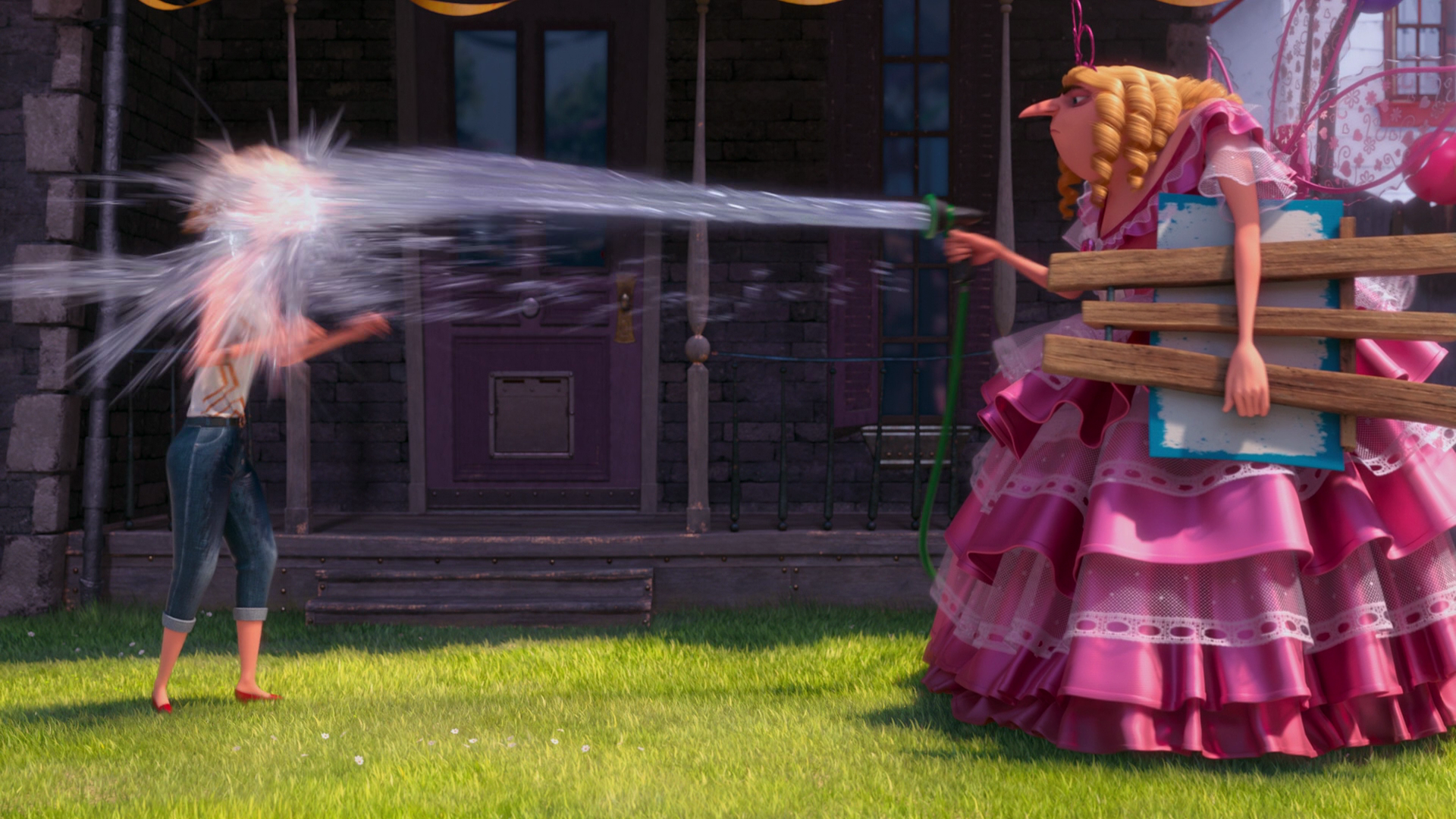 HD desktop wallpaper from Despicable Me 2 featuring Gru and a character in a pink dress spraying water in a playful outdoor scene.