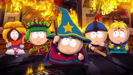 Animated characters Kenny McCormick, Eric Cartman, Stan Marsh, Butters Stotch, and Kyle Broflovski from *South Park: The Stick of Truth* stand ready in a chaotic, fiery scene.