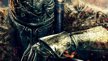 A striking HD wallpaper featuring a detailed armored figure from the video game Dark Souls II, showcasing intricate textures and a dramatic, fiery background.