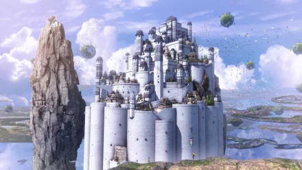 HD PC desktop wallpaper from the movie Dragon Hunters: a vast white floating fortress with towers and air balloons beside a tall rocky spire beneath a bright, cloud-filled sky.