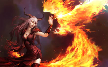 A striking HD fantasy wallpaper featuring a mystical figure in a flowing red dress, conjuring a vibrant phoenix made of flames against a dark background.