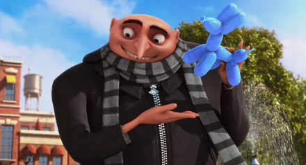HD PC desktop wallpaper featuring Gru from the movie Despicable Me holding a blue balloon animal against a bright outdoor background.