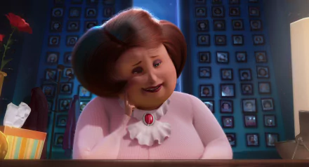 HD desktop wallpaper featuring Miss Hattie from the movie Despicable Me, showing her with a nostalgic expression against a background of framed portraits.