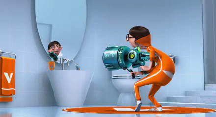 Vector from Despicable Me aims a high-tech gadget in a bathroom, captured in a vibrant HD PC desktop wallpaper background from the movie.