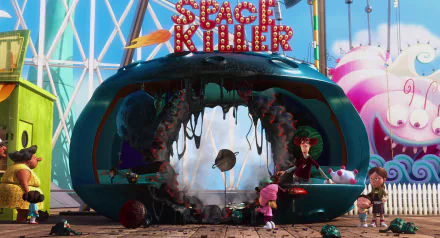 Margo, Agnes, and Edith from Despicable Me explore the whimsical Space Killer attraction at a colorful carnival in this vibrant HD wallpaper.