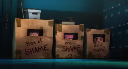HD desktop wallpaper featuring Margo, Agnes, and Edith from Despicable Me peeking out of labeled Box of Shame cardboard boxes in a dimly lit room.