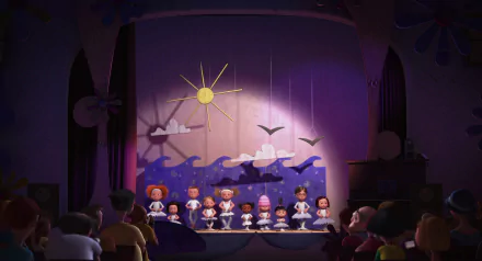 HD PC wallpaper: Margo, Agnes and Edith from Despicable Me on stage with their sisters, movie-style sun, clouds and waves backdrop, audience silhouettes in foreground.