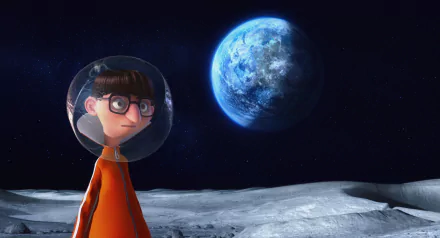 HD PC desktop wallpaper: Vector (Despicable Me) on a moonlike surface in an orange suit and helmet, Earth and stars visible in the background.