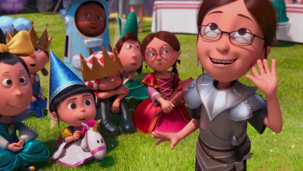 HD desktop wallpaper from Despicable Me 2 featuring Agnes and Margo dressed in costumes at an outdoor event with other children in the background.