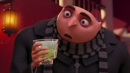 HD PC desktop wallpaper featuring Gru from the movie Despicable Me 2, holding a glass with a surprised expression.
