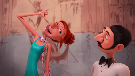 HD PC desktop wallpaper featuring Lucy from the movie Despicable Me 2 striking a playful pose next to a man in a tuxedo.