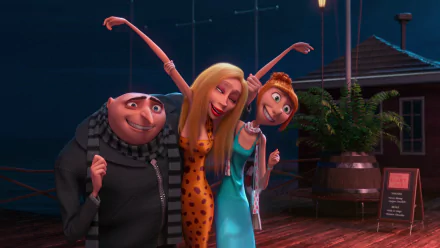 HD PC desktop wallpaper featuring Lucy, Gru, and another character from the movie Despicable Me 2, posing together in a nighttime setting.