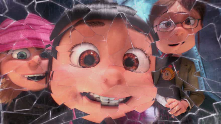 HD desktop wallpaper from Despicable Me 2 featuring Margo, Agnes, and Edith smiling with a cracked glass effect overlay.