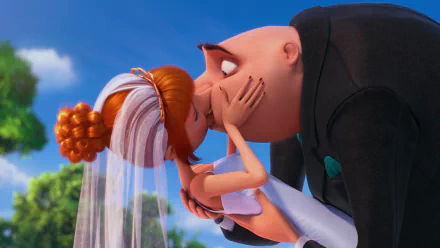 Lucy and Gru share a romantic kiss in this vibrant HD wallpaper from Despicable Me 2, capturing the heartfelt moment between the beloved characters.