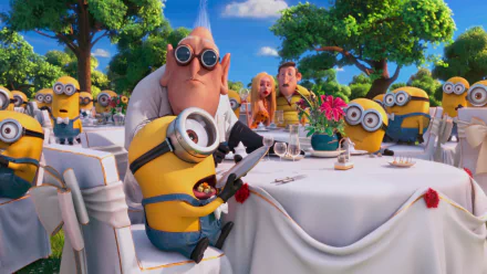 HD PC desktop wallpaper featuring Dr. Nefario and Minions from the movie Despicable Me 2 at an outdoor dining setting with greenery and a bright blue sky.