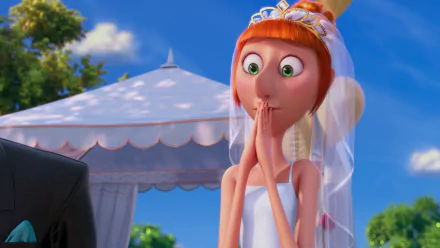 Lucy from Despicable Me 2 smiles with excitement in this HD wallpaper, showcasing her wedding look against a sunny outdoor backdrop.