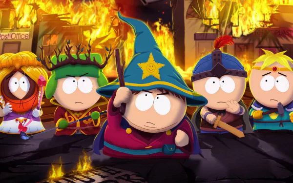 Animated characters Kenny McCormick, Eric Cartman, Stan Marsh, Butters Stotch, and Kyle Broflovski from *South Park: The Stick of Truth* stand ready in a chaotic, fiery scene.